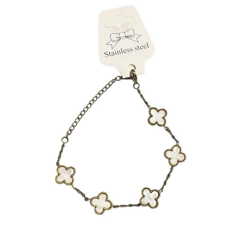 Alabaster Clover Gold Tone Stainless Steel Charm Fashion Bracelet New Adjustable